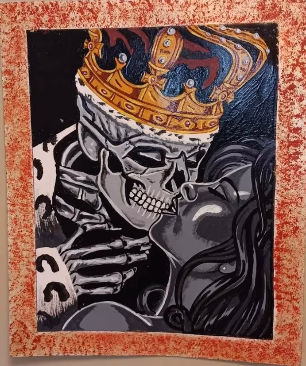 A stylized artwork depicting a skeletal figure wearing a golden crown and a woman in a passionate embrace, set against a dark background with a textured red border.